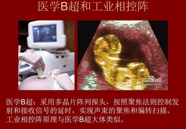 工業相控陣原理與醫學B超大體類似，醫學B超采用多晶片陣列探頭，按照聚焦法則控制發射和接收信號的延時，實現聲束的聚焦和偏轉掃描