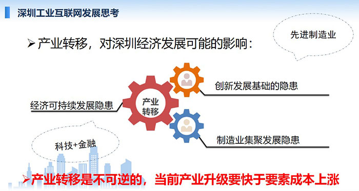 產(chǎn)業(yè)轉(zhuǎn)移，對深圳經(jīng)濟發(fā)展可能的影響：創(chuàng)新發(fā)展基礎(chǔ)的隱患、經(jīng)濟可持續(xù)發(fā)展隱患、制造業(yè)集聚發(fā)展隱患；產(chǎn)業(yè)轉(zhuǎn)移是不可逆的， 當前產(chǎn)業(yè)升級要快于要素成本上漲