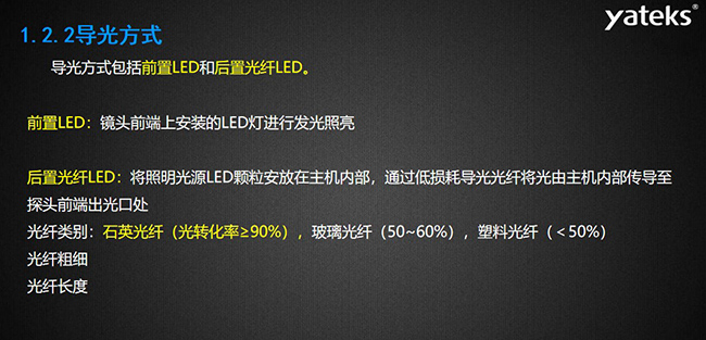導光方式包括前置LED和后置光纖LED，前置LED：鏡頭前端上安裝的LED燈進行發(fā)光照亮，后置光纖LED：將照明光源LED顆粒安放在主機內部， 通過低損耗導光光纖將光由主機內部傳導至探頭前端出光口處